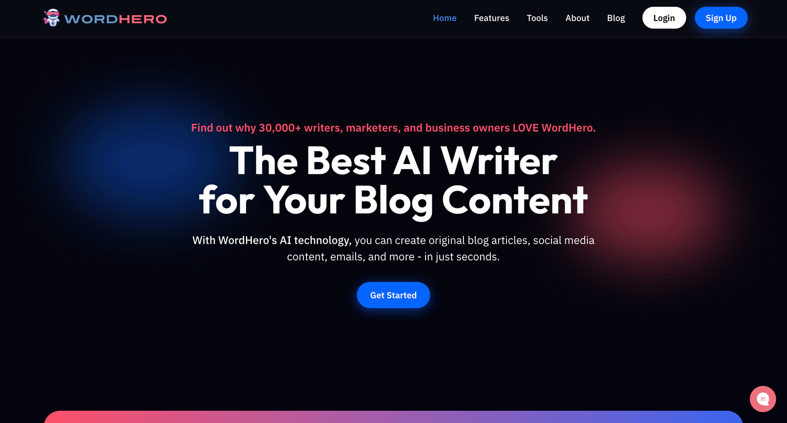 WordHero homepage showcasing its AI-powered writing tool for creating blog content, social media posts, and emails with a call-to-action button for getting started